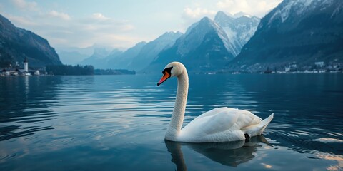 Detail of a swan resting on a mountain lake in Austria, highlighting freshwater habitat