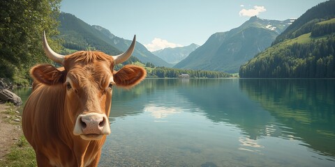 Fototapeta premium Livestock near a freshwater lake in Tyrol, Austria, highlighting agricultural practices and water resource management, World Agriculture Day