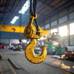 A close-up view of a yellow industrial hook suspended from a cable inside a large factory, bathed in ambient light