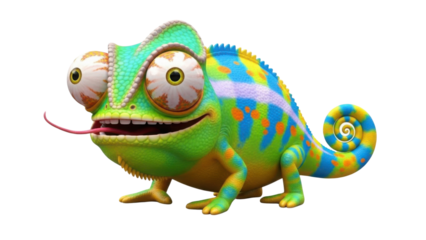 Funny 3D Cartoon Chameleon Character with Googly Eyes, Extended Tongue, and Bright Colors isolated PNG with Transparent Background