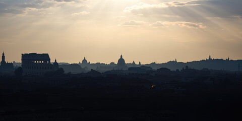 Naklejka premium Silhouetted historic structures in Rome viewed from above, architectural preservation, Earth Day