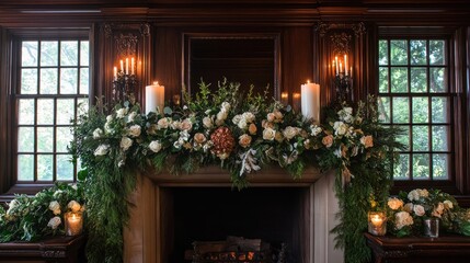 Elegant fireplace floral arrangement with candles roses and greenery