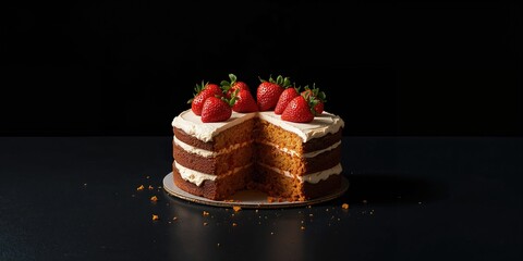 Homemade carrot cake topped with strawberries on a black background, suited for dessert presentation or bakery display