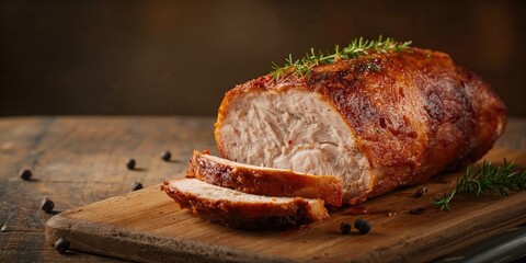 Close-up of sliced roast pork garnished with thyme herbs, suitable for restaurant cover design, food presentation, World Food Day