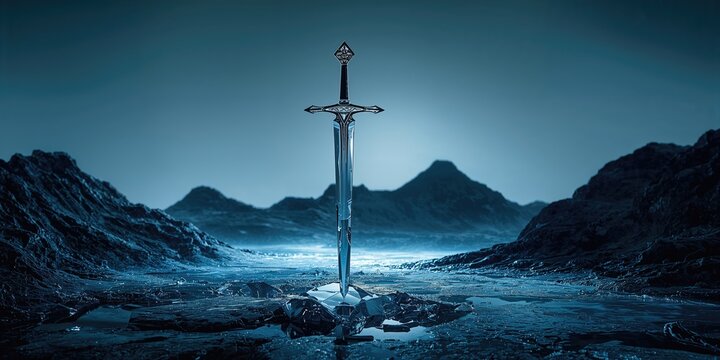 Broken glass sword against mountain background, safety hazards and structural integrity, Earth Day