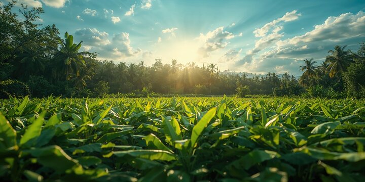 Young banana plantation amidst reforestation efforts with rubber forest behind, highlighting ecological restoration, World Environment Day