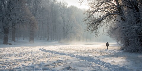 Naklejka premium A person walking in a snow-covered park during winter, seasonal change