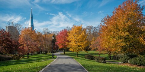 Naklejka premium A winding path through a city park with vibrant autumn foliage, highlighting seasonal change