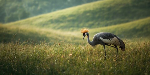 Fototapeta premium Crowned crane searching for food among tall grasses, natural foraging activity, World Bird Day