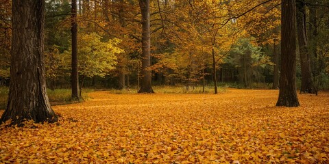 Naklejka premium Autumn landscape with a forest glade filled with yellow fallen leaves and dark tree trunks, seasonal change