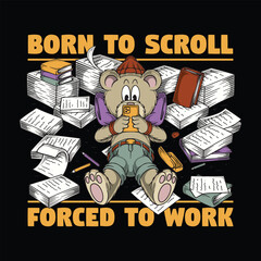 Retro Hipster Bear Cartoon Mascot Lying Down Scrolling Between Stacks of Books and Work Papers