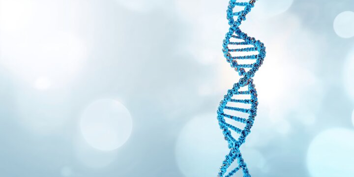 3D model of an mRNA strand used as a background for scientific text, focusing on genetic research themes