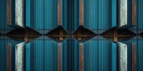 Building exterior featuring blue metal paneling, concrete framework, and rusted metal bars highlighting industrial textures, World Architecture Day