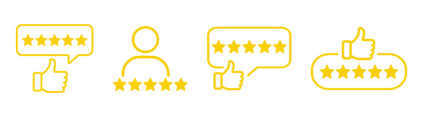 Five star rating and feedback icons set in yellow outline on transparent background