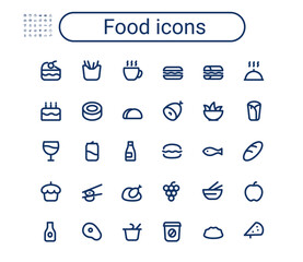 Simple food outline icons set. Rounded mini vector icons. Editable stroke.
