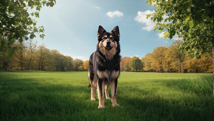 Large Caucasian shepherd dog in a rural outdoor environment, highlighting breeds guarding traits