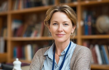 Confident mature woman in library portrait