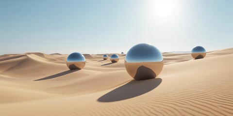 3d render of abstract panoramic desert landscape featuring geometric mirror shapes amid sand dunes, suitable for background design