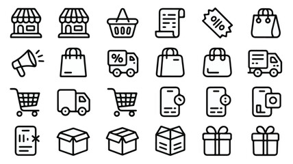 A Comprehensive Set of 24 E-commerce and Shopping Icons, Featuring Stores, Bags, and Delivery Vehicles
