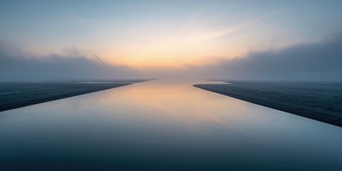 Landscape of a foggy river at sunrise offering a serene backdrop for text layout, natural scenery, World Environment Day