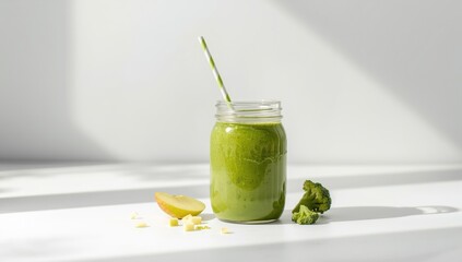 Fresh green vegetable smoothie on a white surface, highlighting wholesome ingredients for balanced eating, World Nutrition Day