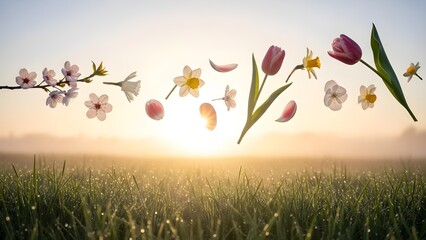 Magical Spring Flowers and Petals Floating Above a Dewy Grass Meadow during Sunrise or Sunset