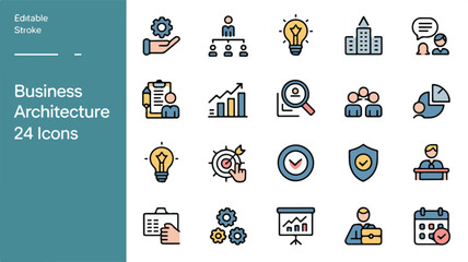 Modern vector line art illustration of 24 business architecture icons, depicting strategy, management, planning, and analytics in a clean, professional design