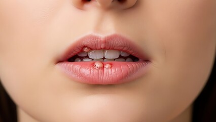 Obraz premium Detailed macro shot of painful herpes simplex virus cold sores on a young woman's lips