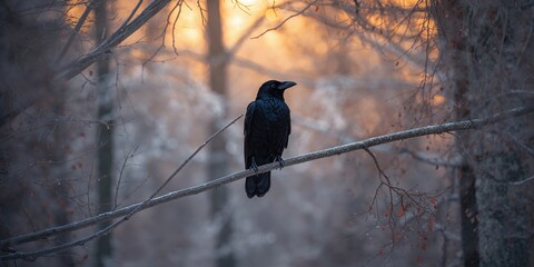 Fototapeta premium Common raven perched on a branch in winter forest at sunset, wildlife and ornithology research