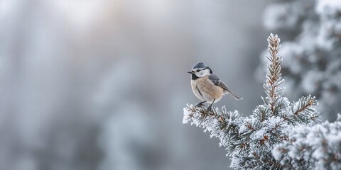 Fototapeta premium A titmouse sitting on a conifer branch in winter, natural bird behavior