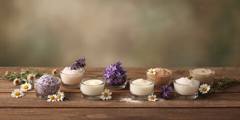 Obraz premium Cosmetic creams, lip balm, soap and bath salt with herbal flowers on table, skin care routine, natural ingredients, World Health Day
