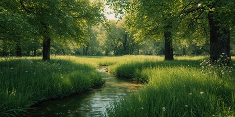 Naklejka premium Lush greenery and mature trees in a rural landscape, ideal for environmental or seasonal themes