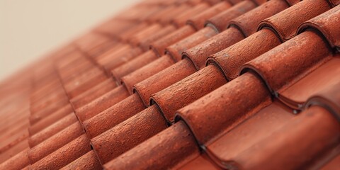 Close-up of aged red roof tiles weathered surface, suitable for architectural preservation efforts