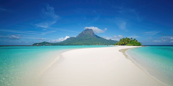 Bora Bora, landscape featuring Matira Beach and mountain scenery, suitable for vacation promotion