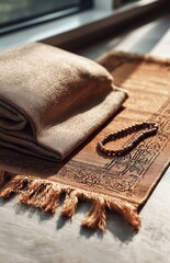 Brown prayer mat with folded shawl and beads