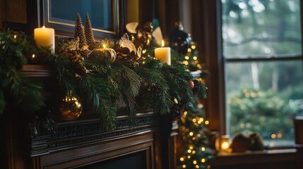 Christmas fireplace mantel decor evergreen boughs candles and warm lighting