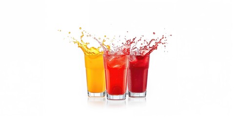 Two glasses filled with orange and strawberry juice with splash effects, ideal for a vibrant drink menu backdrop