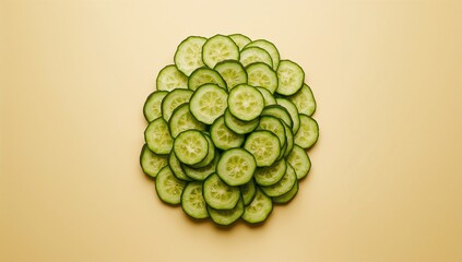 Cross-sectional view of cucumber rounds forming a textured green background for salads or food styling