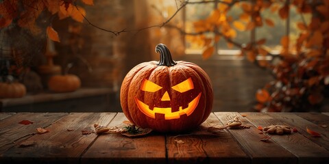 Decorative Halloween pumpkin and baked cookies on table, seasonal holiday display
