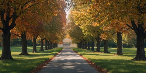 Naklejka premium Autumn alley in the park with white gates, seasonal landscape, land and greenery, pathway and forest features, Earth Day