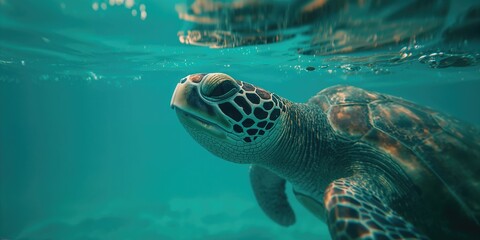 Fototapeta premium Turtle's head and upper shell in water, illustrating freshwater habitat, Earth Day