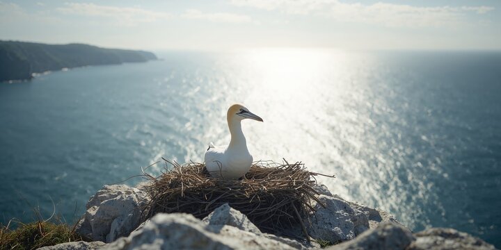 Closeup of a lone northern gannet nesting high on rocky outcrop with blue ocean below, highlighting avian habitat preservation in summer
