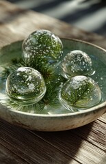 Glass snow ornaments with pine branches