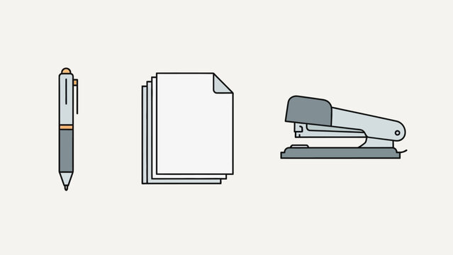 Minimalist illustration of pen, paper stacks and stapler with clean lines and subtle color palette