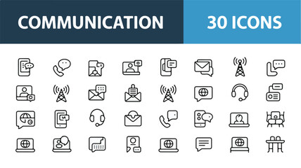 Comprehensive set of 30 clean vector line icons illustrating digital communication, global networking, and online interaction concepts with a minimalist design