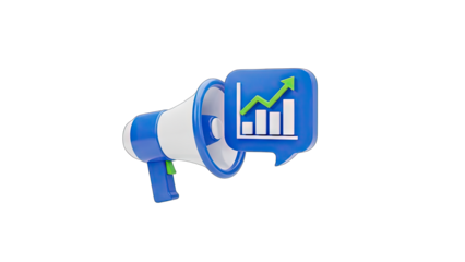 Blue and White Megaphone with Growing Bar Chart and Upward Arrow Inside a Speech Bubble Graphic Design Element Isolated on Transparent Background Business Growth Concept