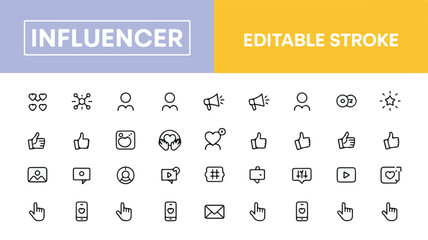 Clean vector illustration featuring a comprehensive set of social media and influencer marketing thin line icons for digital communication and web design