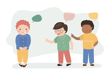 Unhappy child is crying because two children are bullying him, boy is being bullied, bullying concept. Kids bully friend, bad behavior.