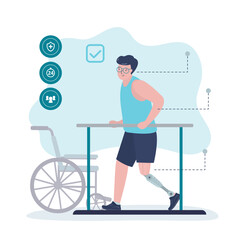 Patient with artificial limb can do using therapeutic exercise. Young man with leg prosthetic appliance. Rehabilitation after trauma or injury. Health care and medical banner.