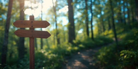 Naklejka premium Wooden sign indicating multiple routes in a forest setting with trees and sky, supporting trail guidance, World Environment Day